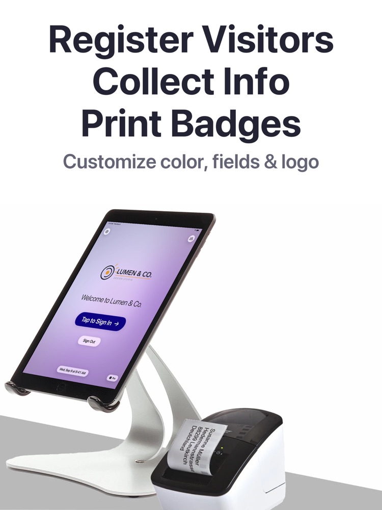 Simple Visitor Log on an iPad stand next to a badge printer