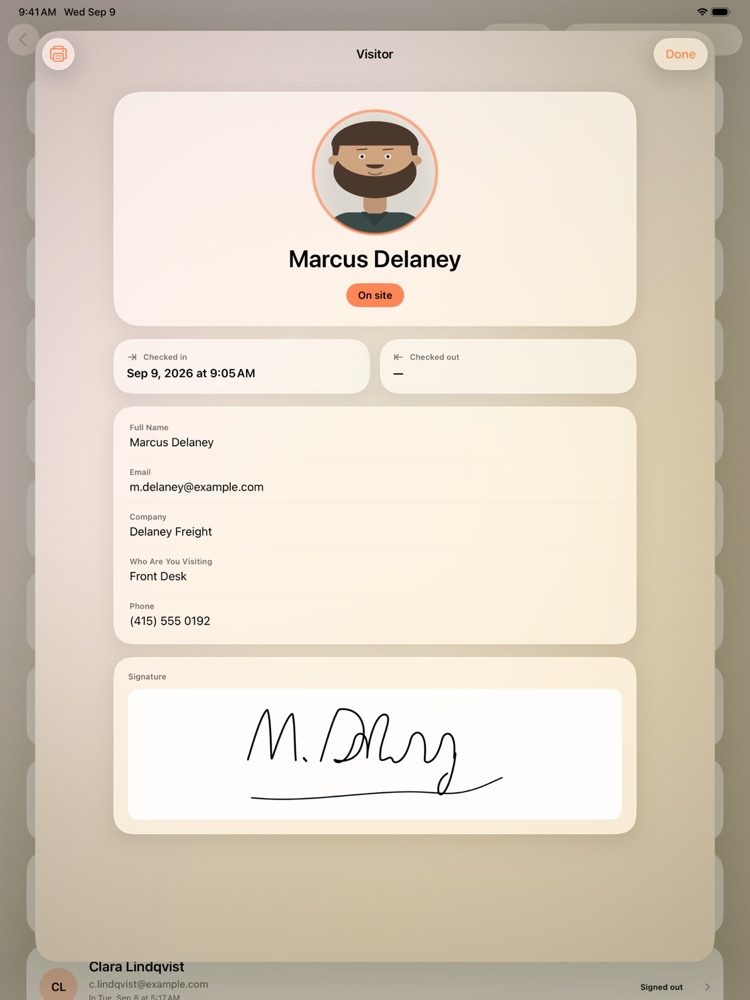Visitor detail screen with check-in time, details, and signature