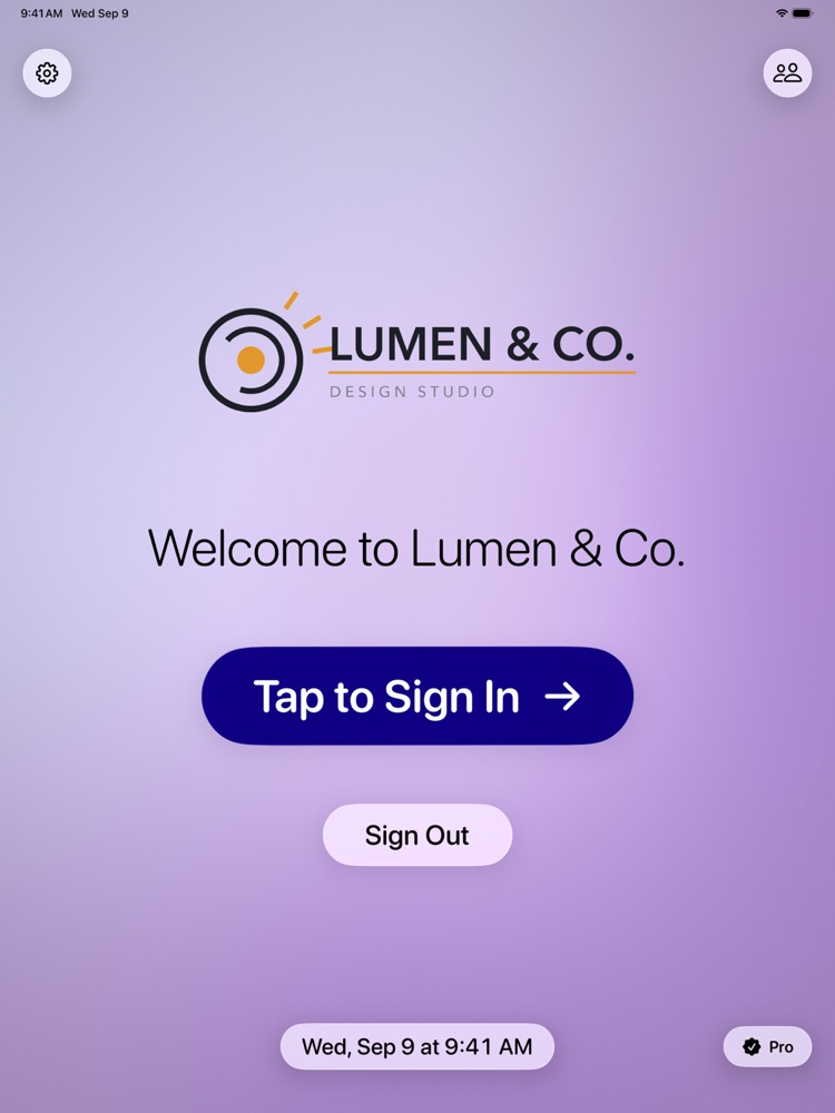 Welcome screen with a company logo on a purple theme