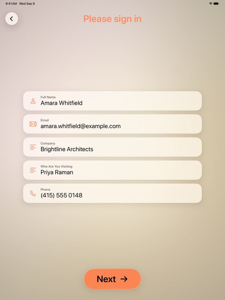 Sign-in form on iPad with name, email, company, host, and phone fields