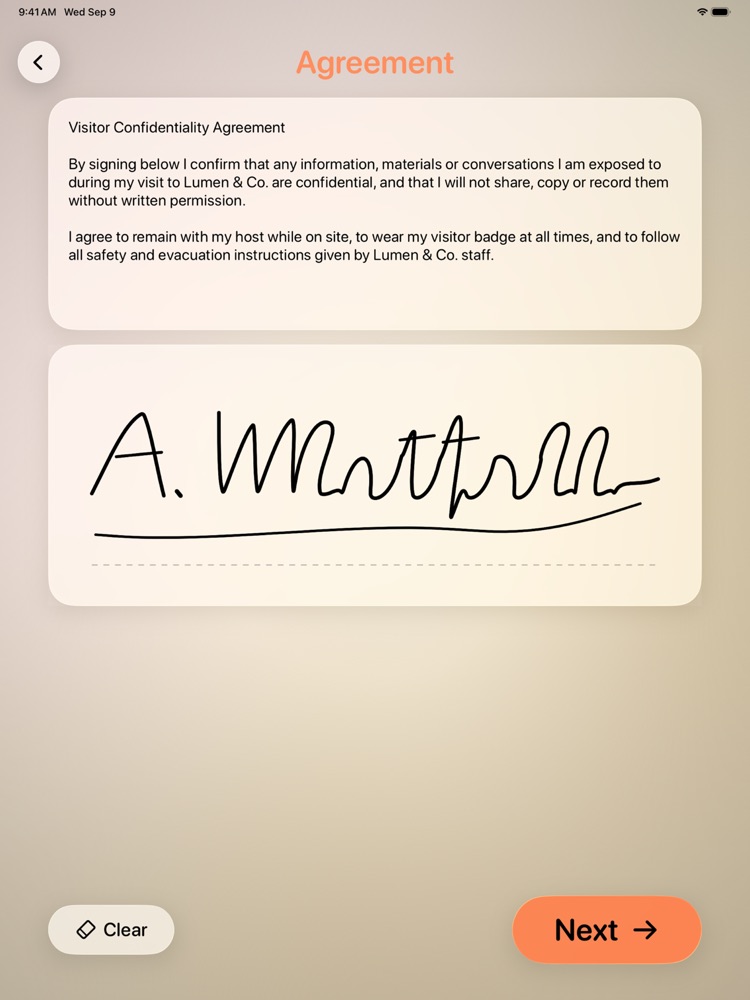 Agreement screen with a visitor signature